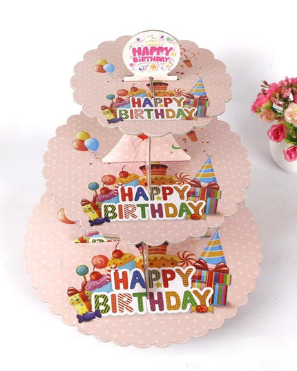 Etajera pentru Prajituri, din Carton, 3 Nivele, 16/22/29 cm Diametru, Inaltime 38 cm, Tema Happy Birthday