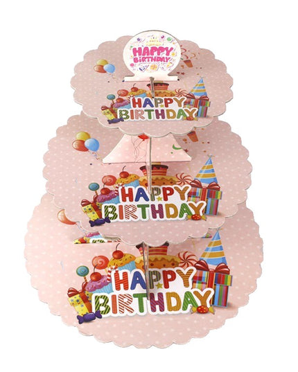 Etajera pentru Prajituri, din Carton, 3 Nivele, 16/22/29 cm Diametru, Inaltime 38 cm, Tema Happy Birthday