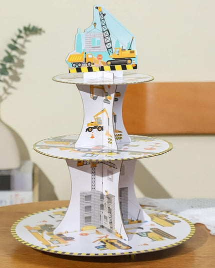 Etajera pentru Prajituri, din Carton, 3 Nivele, 16/22/29 cm Diametru, Inaltime 38 cm, Tema Utilaje de Santier
