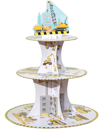 Etajera pentru Prajituri, din Carton, 3 Nivele, 16/22/29 cm Diametru, Inaltime 38 cm, Tema Utilaje de Santier