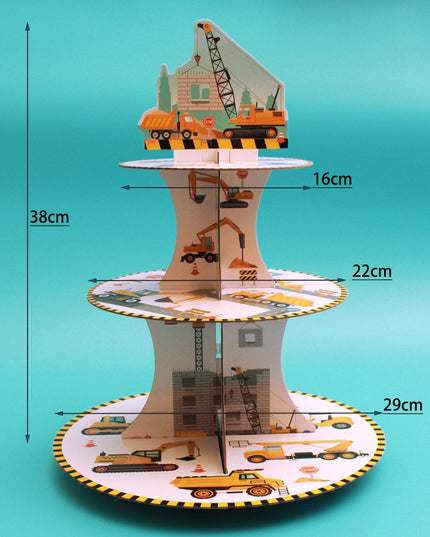Etajera pentru Prajituri, din Carton, 3 Nivele, 16/22/29 cm Diametru, Inaltime 38 cm, Tema Utilaje de Santier