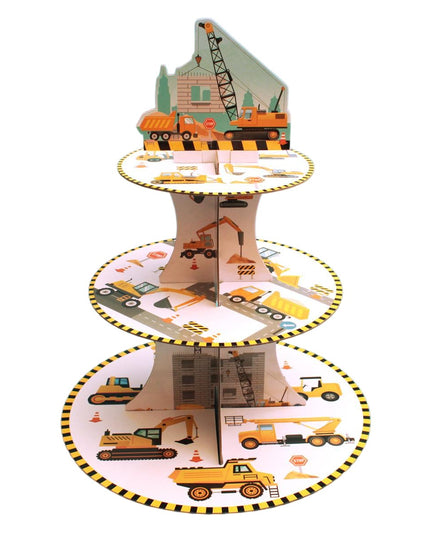 Etajera pentru Prajituri, din Carton, 3 Nivele, 16/22/29 cm Diametru, Inaltime 38 cm, Tema Utilaje de Santier