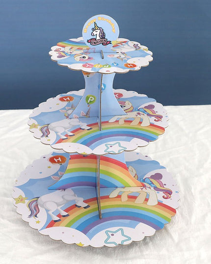 Etajera pentru Prajituri, din Carton, 3 Nivele, 16/22/29 cm Diametru, Inaltime 38 cm, Tema Unicorni