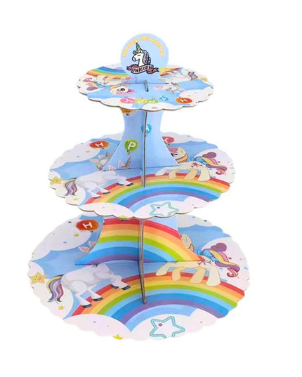 Etajera pentru Prajituri, din Carton, 3 Nivele, 16/22/29 cm Diametru, Inaltime 38 cm, Tema Unicorni