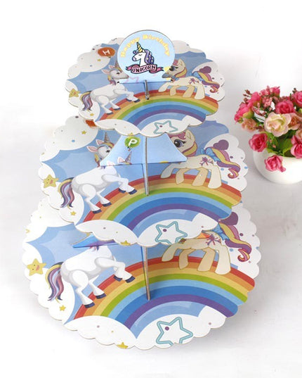 Etajera pentru Prajituri, din Carton, 3 Nivele, 16/22/29 cm Diametru, Inaltime 38 cm, Tema Unicorni