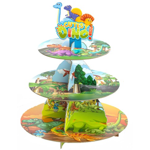 Etajera pentru Prajituri, din Carton, 3 Nivele, 16/22/29 cm Diametru, Inaltime 38 cm, Tema Dinozauri Dino