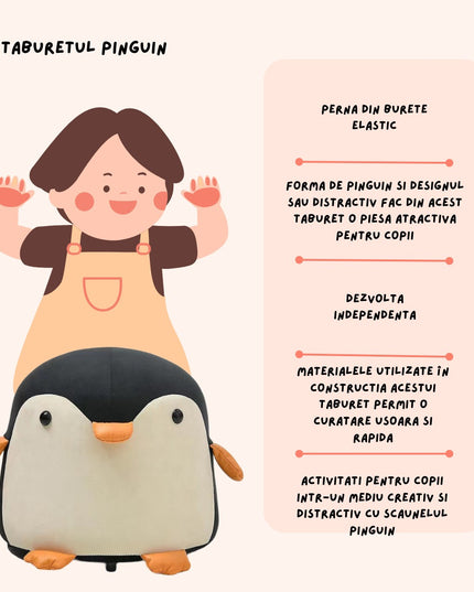 Taburet Pentru Copii, Cadru din Lemn Masiv,Perna de Burete Elastica si Maner de Transport, in Forma de Pinguin
