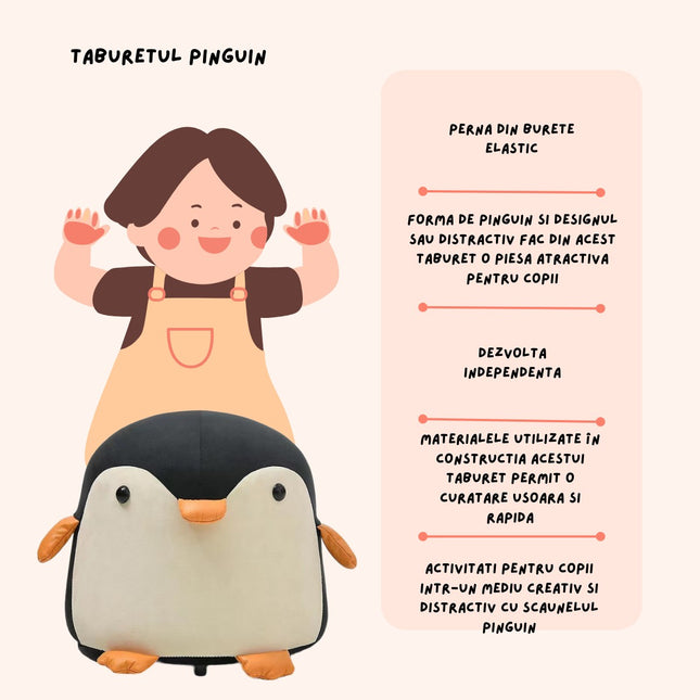 Taburet Pentru Copii, Cadru din Lemn Masiv,Perna de Burete Elastica si Maner de Transport, in Forma de Pinguin
