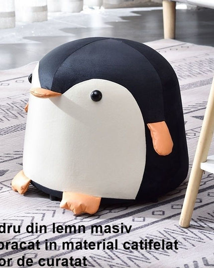 Taburet Pentru Copii, Cadru din Lemn Masiv,Perna de Burete Elastica si Maner de Transport, in Forma de Pinguin