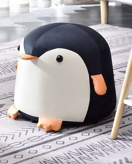 Taburet Pentru Copii, Cadru din Lemn Masiv,Perna de Burete Elastica si Maner de Transport, in Forma de Pinguin