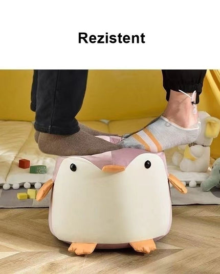 Taburet Pentru Copii, Cadru din Lemn Masiv,Perna de Burete Elastica si Maner de Transport, in Forma de Pinguin