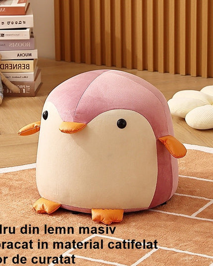 Taburet Pentru Copii, Cadru din Lemn Masiv,Perna de Burete Elastica si Maner de Transport, in Forma de Pinguin