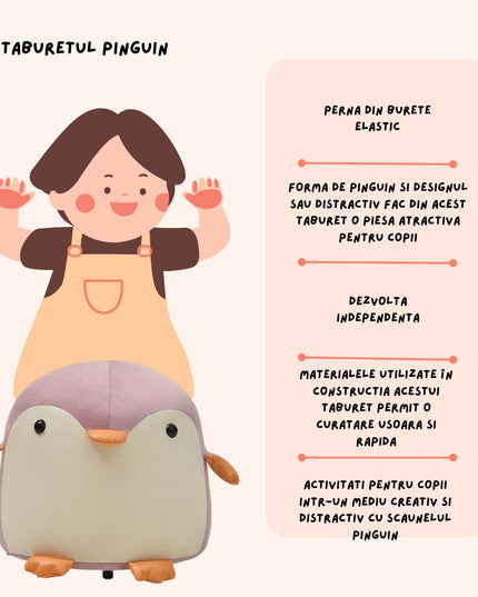 Taburet Pentru Copii, Cadru din Lemn Masiv,Perna de Burete Elastica si Maner de Transport, in Forma de Pinguin