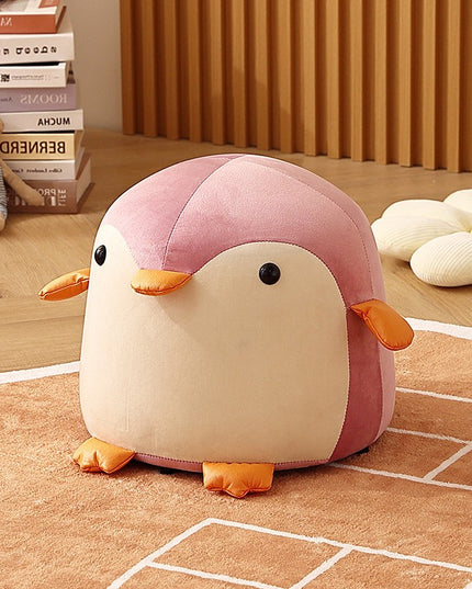 Taburet Pentru Copii, Cadru din Lemn Masiv,Perna de Burete Elastica si Maner de Transport, in Forma de Pinguin