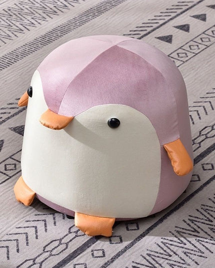 Taburet Pentru Copii, Cadru din Lemn Masiv,Perna de Burete Elastica si Maner de Transport, in Forma de Pinguin