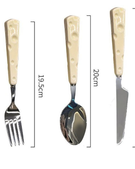 Tacamuri pentru Copii, 3 Piese, Tacamuri pentru Dejun, Lingura Furculita Cutit, Stil Italian, Manere forma Cascaval Plastic, Inox