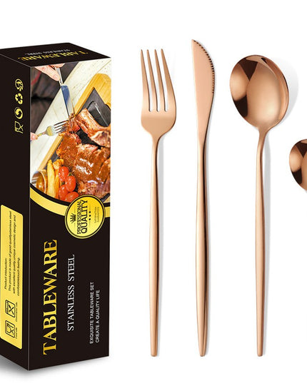 Tacamuri Portugheze, din 24 de Piese din Otel Inoxidabil, 6 , 6 Furculite, 6 Linguri de Masa, 6 Linguri pentru Ceai, Gold