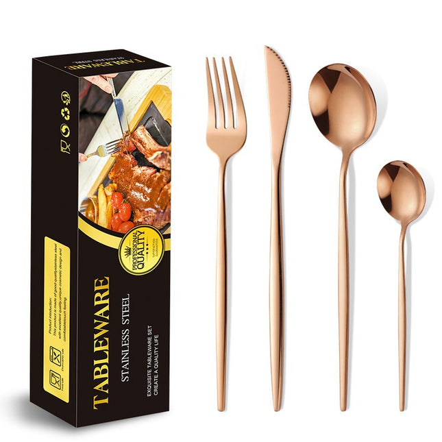 Tacamuri Portugheze, din 24 de Piese din Otel Inoxidabil, 6 , 6 Furculite, 6 Linguri de Masa, 6 Linguri pentru Ceai, Gold