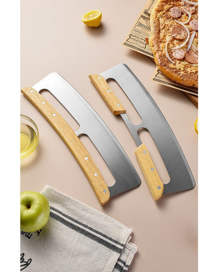 Taietor Feliator de Pizza, din Otel Inoxidabil, cu Capac, Maner din Doua Bucatie, din Lemn, Antialunecare, Lama Neteda si Ascutita