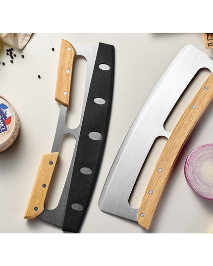 Taietor Feliator de Pizza, din Otel Inoxidabil, cu Capac, Maner din Doua Bucatie, din Lemn, Antialunecare, Lama Neteda si Ascutita