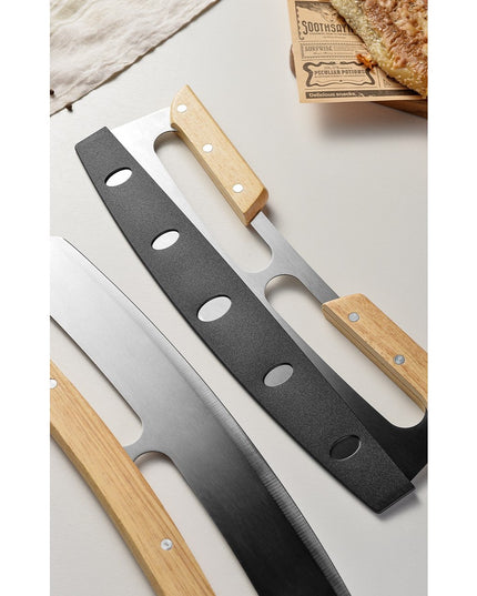 Taietor Feliator de Pizza, din Otel Inoxidabil, cu Capac, Maner din Doua Bucatie, din Lemn, Antialunecare, Lama Neteda si Ascutita