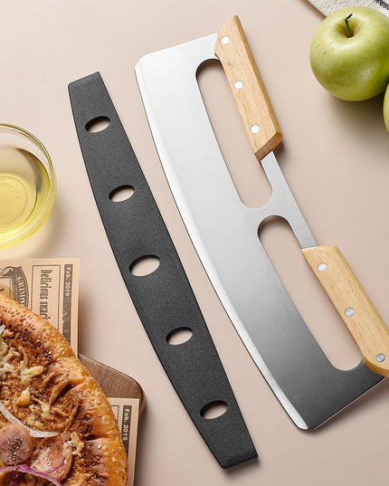 Taietor Feliator de Pizza, din Otel Inoxidabil, cu Capac, Maner din Doua Bucatie, din Lemn, Antialunecare, Lama Neteda si Ascutita