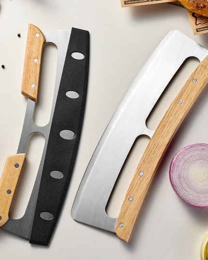 Taietor Feliator de Pizza, din Otel Inoxidabil, cu Capac, Maner din Doua Bucatie, din Lemn, Antialunecare, Lama Neteda si Ascutita