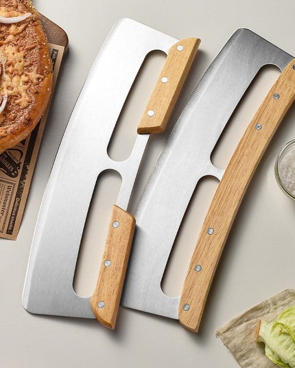 Taietor Feliator de Pizza, din Otel Inoxidabil, cu Capac, Maner din Lemn, Antialunecare, Lama Neteda si Ascutita