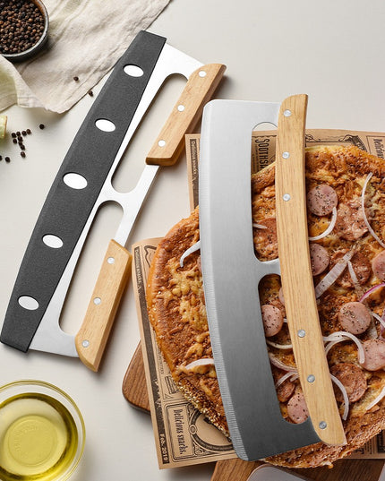 Taietor Feliator de Pizza, din Otel Inoxidabil, cu Capac, Maner din Lemn, Antialunecare, Lama Neteda si Ascutita
