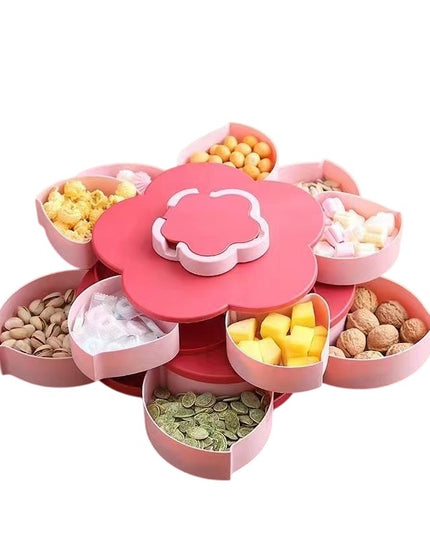 Tava pentru Servire, pentru Fructe / Legume / Snackuri, cu Sertare, Deschidere Rotativa, pe 2 Straturi, in Forma de Floare