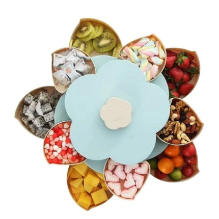 Tava pentru Servire, pentru Fructe / Legume / Snackuri, cu Sertare, Deschidere Rotativa, pe 2 Straturi, in Forma de Floare