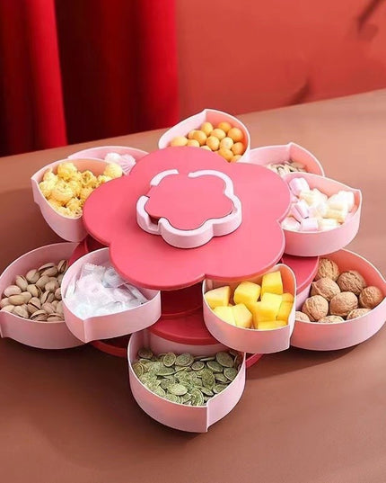 Tava pentru Servire, pentru Fructe / Legume / Snackuri, cu Sertare, Deschidere Rotativa, pe 2 Straturi, in Forma de Floare