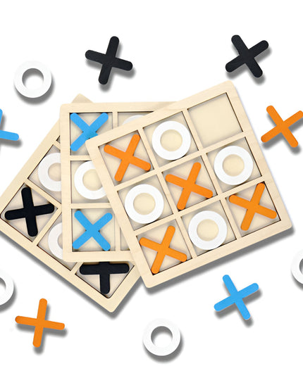 Jucarie Montessori Tic Tac Toe, Educativa, Interactiva, din lemn, X si O, 9 Piese, 14.3x14.3 cm
