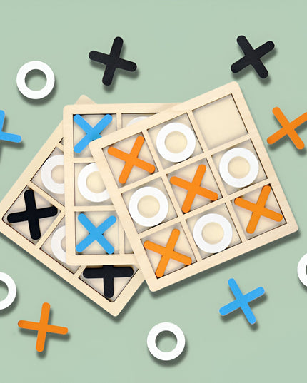 Jucarie Montessori Tic Tac Toe, Educativa, Interactiva, din lemn, X si O, 9 Piese, 14.3x14.3 cm