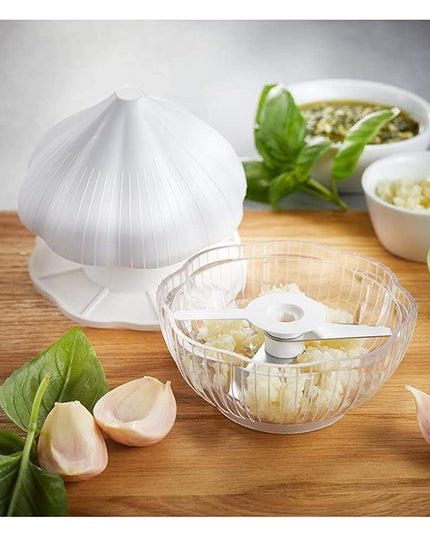 Tocator manual pentru usturoi, in forma de usturoi, cutite rezistente, utilizare prin apasare, material ABS si inox