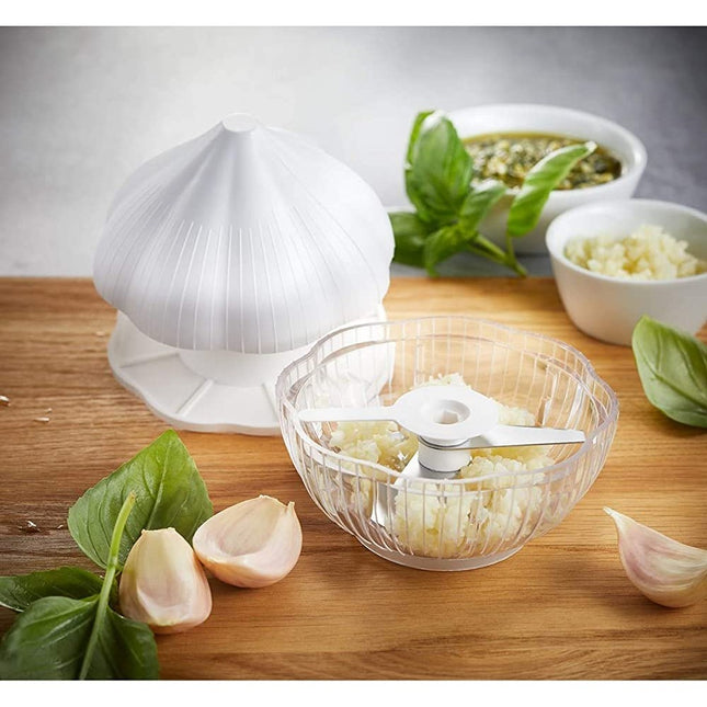 Tocator manual pentru usturoi, in forma de usturoi, cutite rezistente, utilizare prin apasare, material ABS si inox