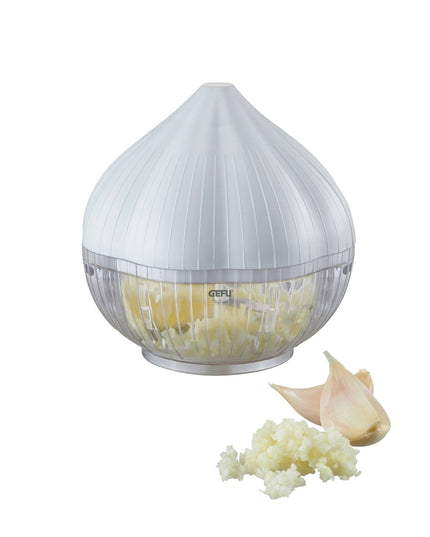 Tocator manual pentru usturoi, in forma de usturoi, cutite rezistente, utilizare prin apasare, material ABS si inox