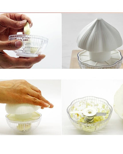 Tocator manual pentru usturoi, in forma de usturoi, cutite rezistente, utilizare prin apasare, material ABS si inox