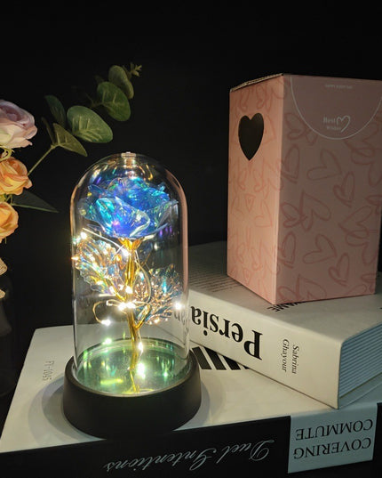 Trandafir in Cupola, cu Lumina Led Multicolora, Baterii, 8.5 x 15 cm