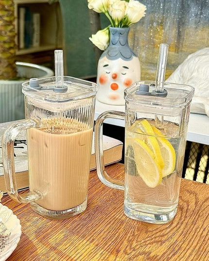 Pahar pentru Racoritoare, din Sticla, 330 ml, cu Pai si Maner, Model Clear