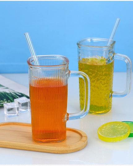 Pahar pentru Racoritoare, din Sticla, 330 ml, cu Pai si Maner, Model Clear Dungi Verticale