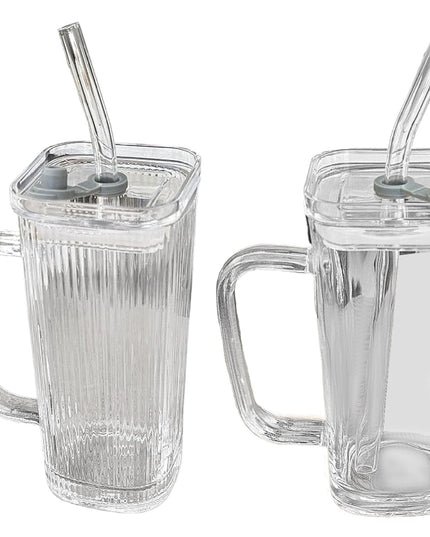 Pahar pentru Racoritoare, din Sticla, 330 ml, cu Pai si Maner, Model Clear Dungi Verticale