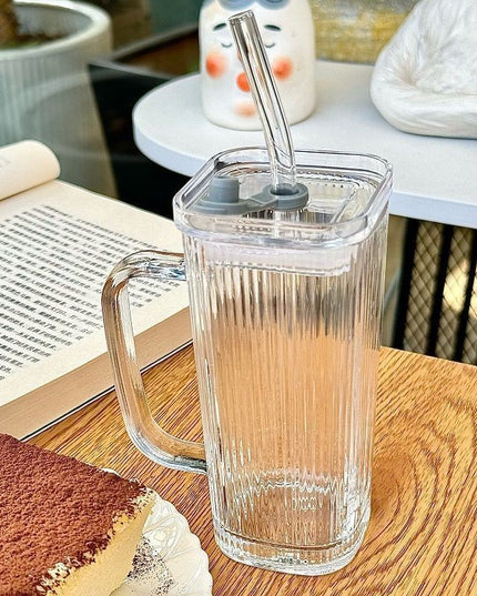 Pahar pentru Racoritoare, din Sticla, 330 ml, cu Pai si Maner, Model Clear Dungi Verticale