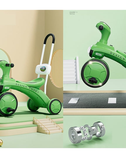 Tricicleta pentru copii pedalare, impingere, lumini si sunete, pedale antiderapante, material dur, cos depozitare, varsta peste 18 luni