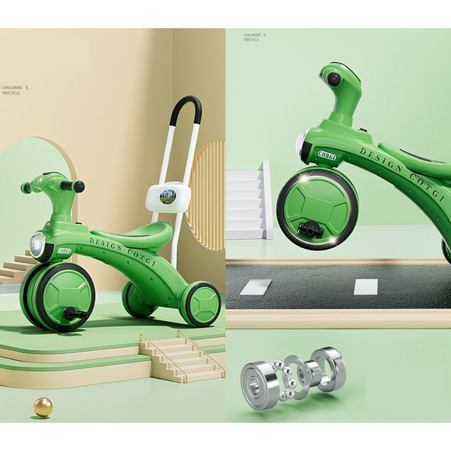 Tricicleta pentru copii pedalare, impingere, lumini si sunete, pedale antiderapante, material dur, cos depozitare, varsta peste 18 luni