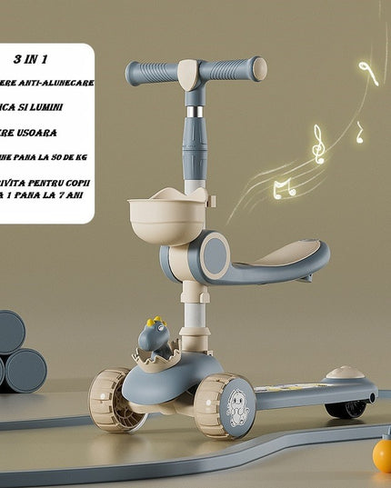 Trotineta Multifunctionala 3 in 1, pentru Copii, 1-7 Ani, cu Lumini si Muzica, Reglabil 360, Pliere Usoara, Reglarea Inaltimii, Model Dinozaur, /