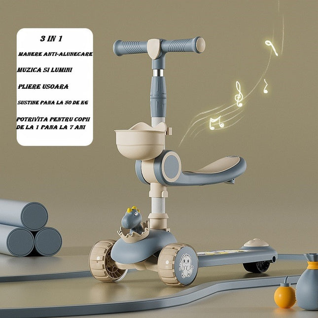 Trotineta Multifunctionala 3 in 1, pentru Copii, 1-7 Ani, cu Lumini si Muzica, Reglabil 360, Pliere Usoara, Reglarea Inaltimii, Model Dinozaur, /