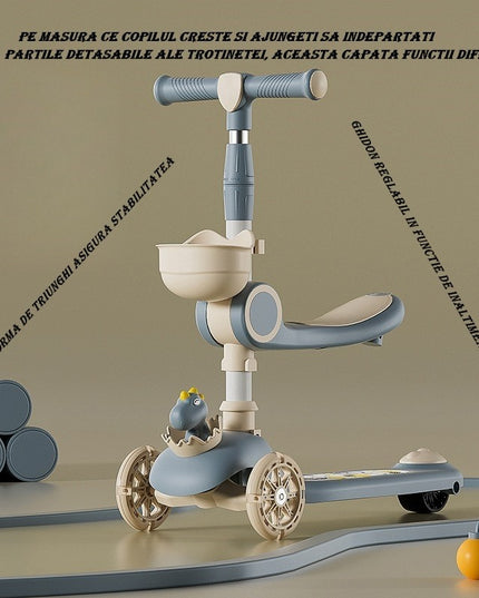 Trotineta Multifunctionala 3 in 1, pentru Copii, 1-7 Ani, cu Lumini si Muzica, Reglabil 360, Pliere Usoara, Reglarea Inaltimii, Model Dinozaur, /
