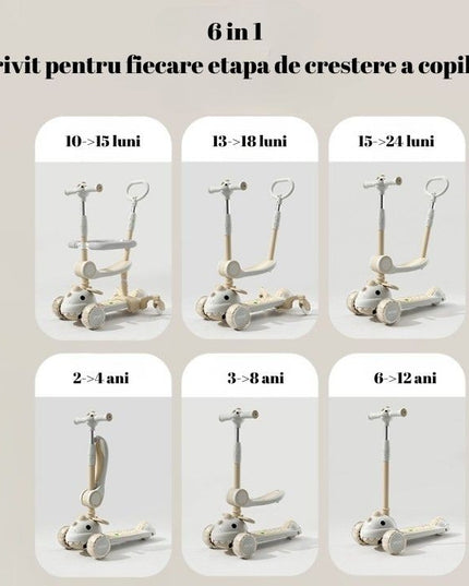 Trotineta Multifunctionala 1, Pentru Copii De La 10 Luni Pana La 12 Ani, Cu Maner De Impingere, Reglabil 360, Pliere Usoara, Reglarea Inaltimii, Model Dinozaur