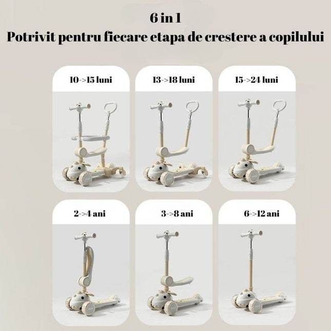 Trotineta Multifunctionala 1, Pentru Copii De La 10 Luni Pana La 12 Ani, Cu Maner De Impingere, Reglabil 360, Pliere Usoara, Reglarea Inaltimii, Model Dinozaur